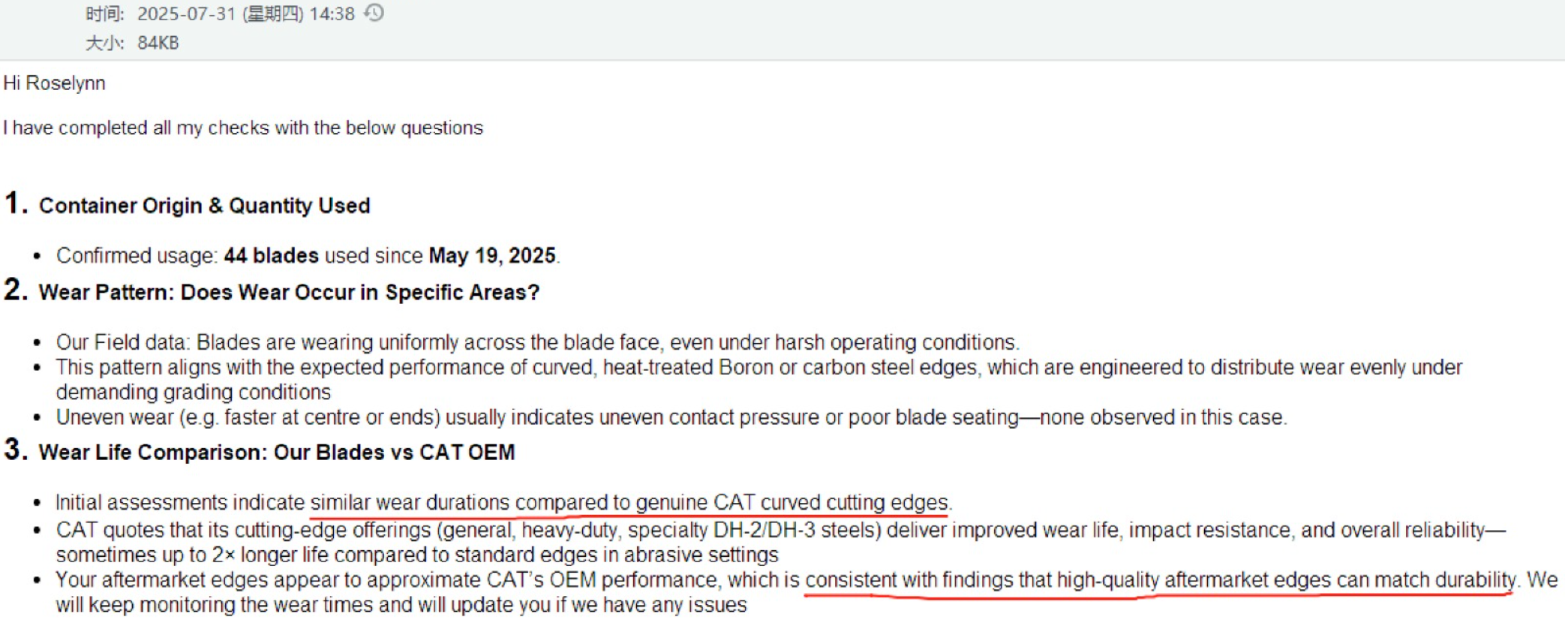 4T2233グレーダーブレードの品質フィードバック